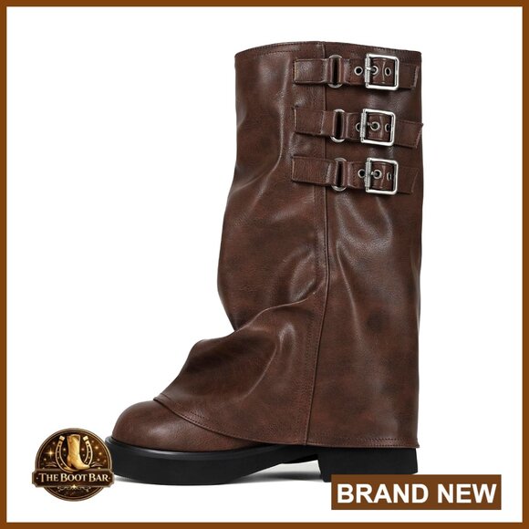 Square Toe Slouchy Motorcycle Boots Buckle Detail Wide Calf Comfortable